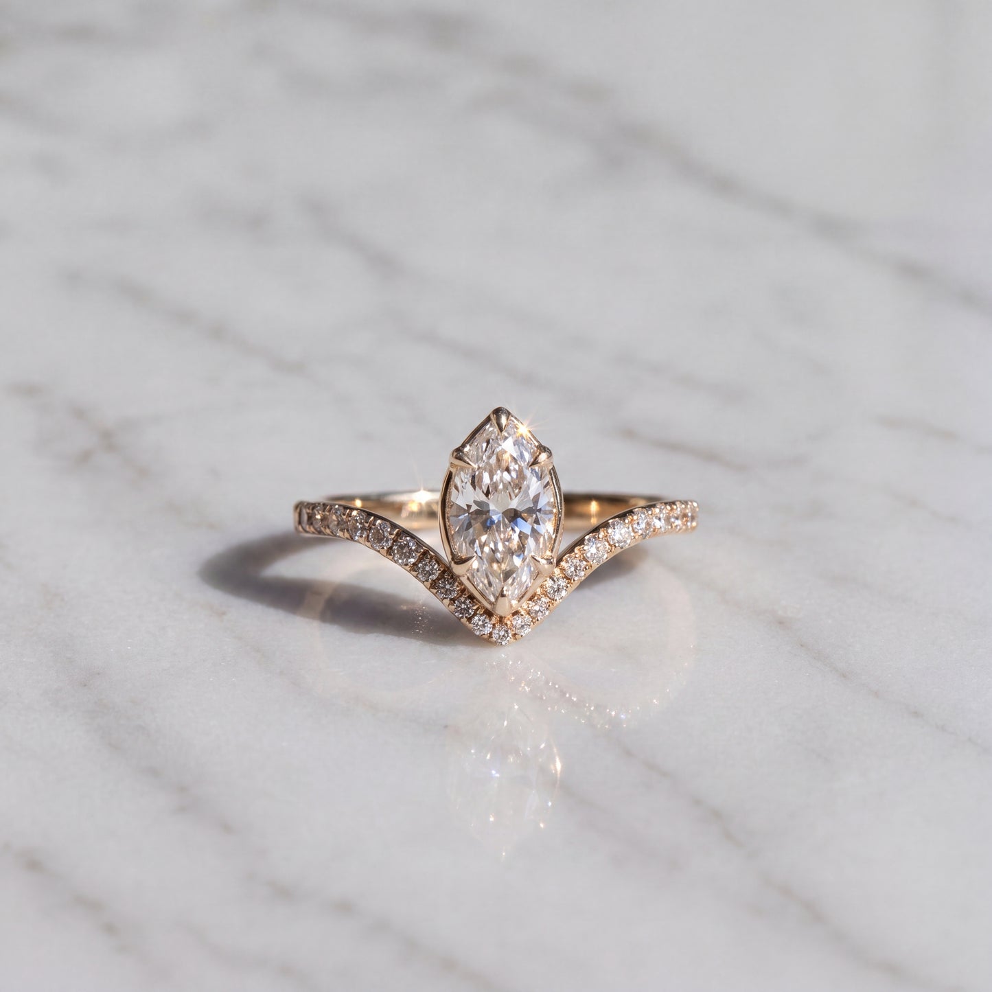 Marquise Diamond Chevron Engagement Ring in Yellow Gold